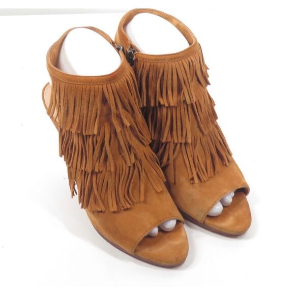 Vince Camuto Jadon Brown Leather Fringe Slingback Sandal Block Heel Women 6.5 - Picture 4 of 10